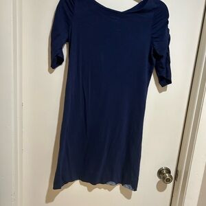 Navy blue knit short sleeve dress, above knee dress